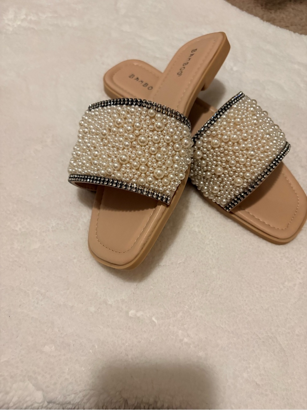 BAMBOO Pearl-Embellished Nude Slides